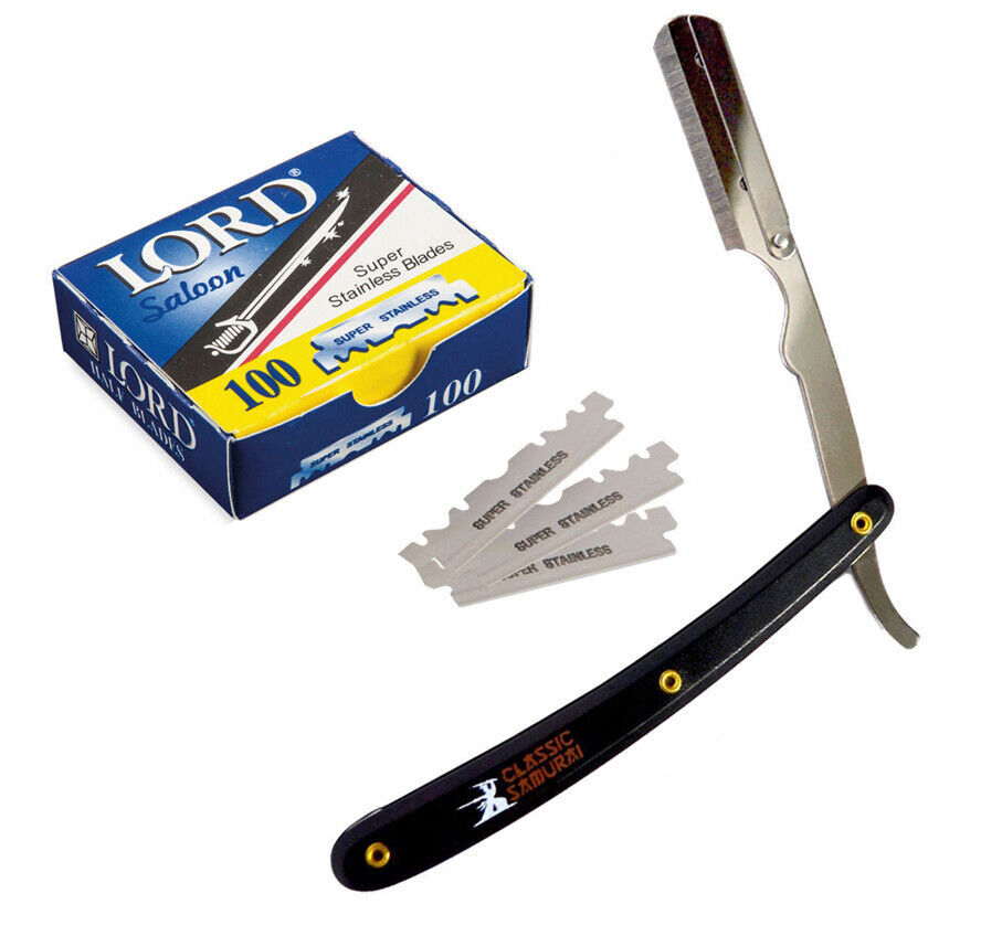 Stainless Steel Black Straight Edge Barber Razor + 100 Lord Single Blade... - $13.99