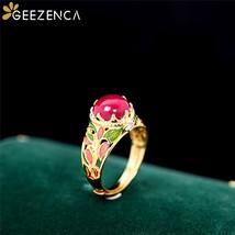 Vintage Trendy S925 Silver Gold Plated Red Corundum Cloisonne Wome&#39;s Ring Hollow - £42.29 GBP