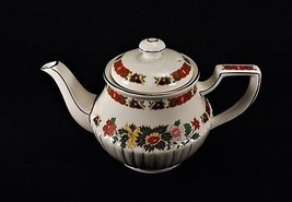 Vintage Sadler Teapot England Ribbed Gold Floral Rust Orange Green Yellow Pink - £11.54 GBP