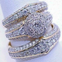 Real Moissanite Trio 3CT His/Her Bridal Wedding Ring Set14K Yellow Gold Plated  - £301.32 GBP