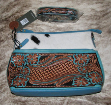 Myra Bag #8708 Leather, Hairon, Hand Tooled/Painted 12&quot;x4&quot;x10&quot; Turquoise Accent~ - £61.45 GBP