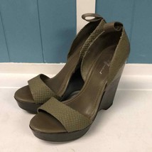 7 FOR ALL MAN KIND WEDGE Women’s SIZE 7 LEATHER moss green w/ brown wood... - $50.49