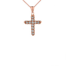 14k Solid Rose Gold Mini Elegant Diamond Cross Pendant Necklace - Minimalist - £86.21 GBP+