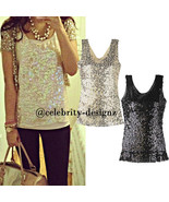 tp75 CFLB Bling Bling Sleeveless Vintage Gold Sequin Beaded Singlet Top ... - $29.99