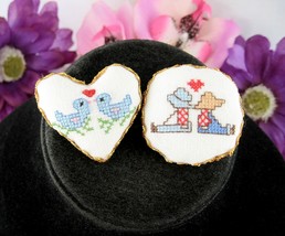 Love Bird Couples 2 Cross Stitch Pins Vintage Wearable Art Handmade Needlepoint - £13.22 GBP