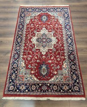 Indo Per&#39;sian Heriz Rug 4x6, Red and Navy Hand Knotted Traditional Orien... - £734.50 GBP