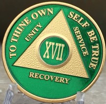 17 Year AA Medallion Green Gold Plated Alcoholics Anonymous Sobriety Chi... - £16.04 GBP