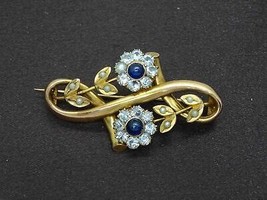 Antique EROV Sapphire &amp; Seed Pearl &amp; Crystal Floral Brooch Pin 14k Gold - £395.60 GBP