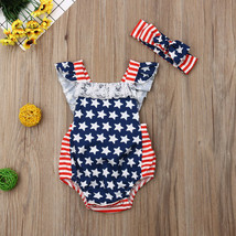 NWT Baby Girls Patriotic 4th of July Stars Stripes Blue Romper Jumpsuit Outfit  - $10.99