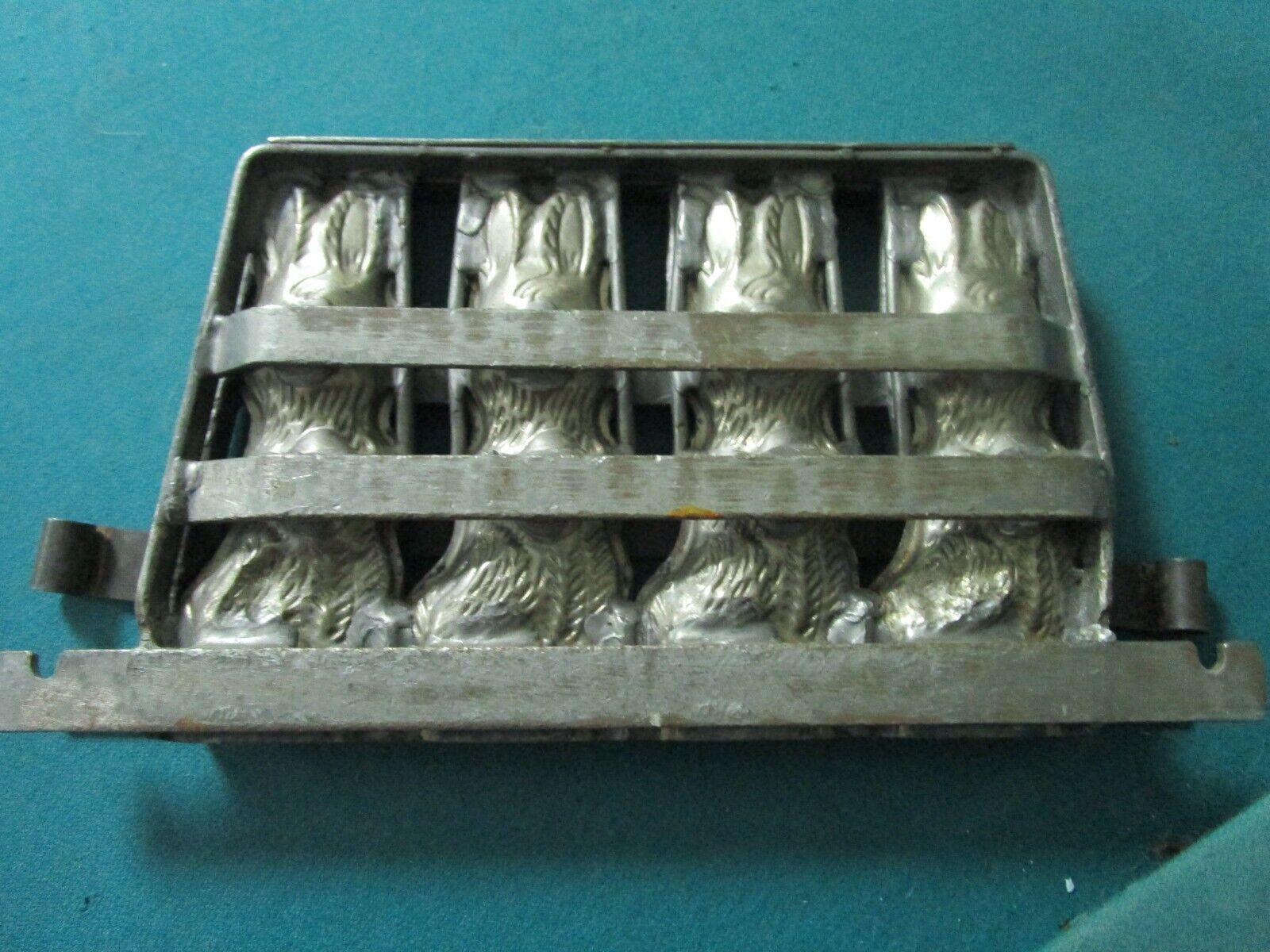 Primary image for Antique Chocolate BELGIUM Mold 4 Rabbits in Hinged Frame IRON TIN ORIGINAL 