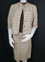 70s Womens Polyester Skirt Suit 10 Brown Check Mod Sweater Set Rockabilly Retro - £60.89 GBP