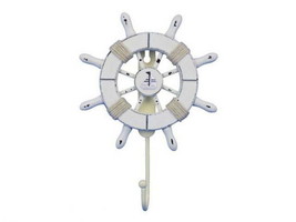 [Pack Of 2] Rustic All White Decorative Ship Wheel with Sailboat and Hook 8&quot; - £38.41 GBP