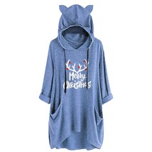 Cozy Solid Color Cat Ear Christmas Hoodie For Women Hooded Pajamas Sweaters Long - £49.48 GBP