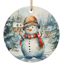 Watercolor Snowman In Snowy Winter Christmas Ornament Xmas Gift Home Tree Decor - $15.79