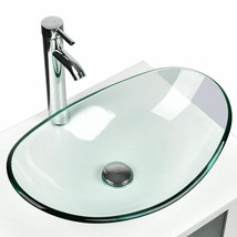 Bathroom Counter Basin Vessel Clear Glass Sink Boat Oval Chrome Faucet Drain Set - £116.38 GBP