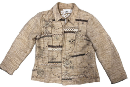 Coldwater Creek Tan Embroidered Floral Western Boho Linen Blazer Jacket Size 10 - £11.74 GBP