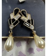 Swarovski Vintage Black &amp; Clear Crystal Pearl Gold Tone Dangle Earrings ... - £12.93 GBP