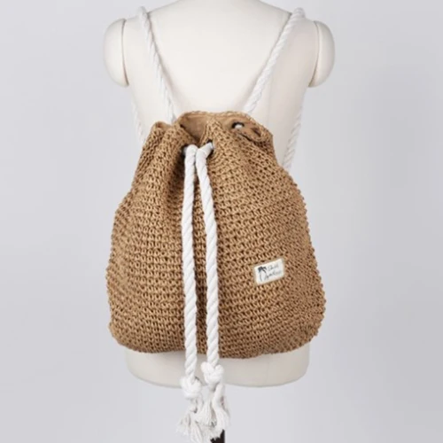 Summer Women Straw Backpack Handmade Beach Bag Drawstring Knapsack  Crocheted  B - $68.94