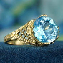 Natural 4.5 Ct. Blue Topaz Vintage Style Filigree Ring in Solid 9K Yellow Gold - £434.96 GBP