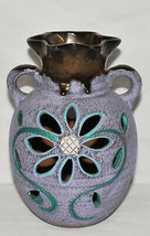 Vintage Mexican Pottery Vase Flower Cutout 8.75&quot; Purple Copper Glazed Flwr Vase - £31.34 GBP