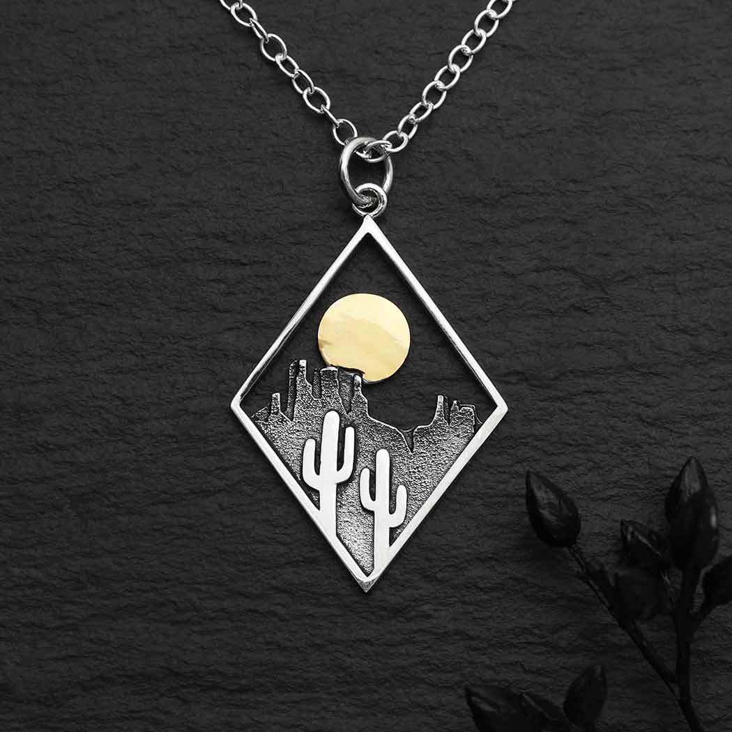Sterling Silver Cactus Necklace with Bronze Sun - $92.60