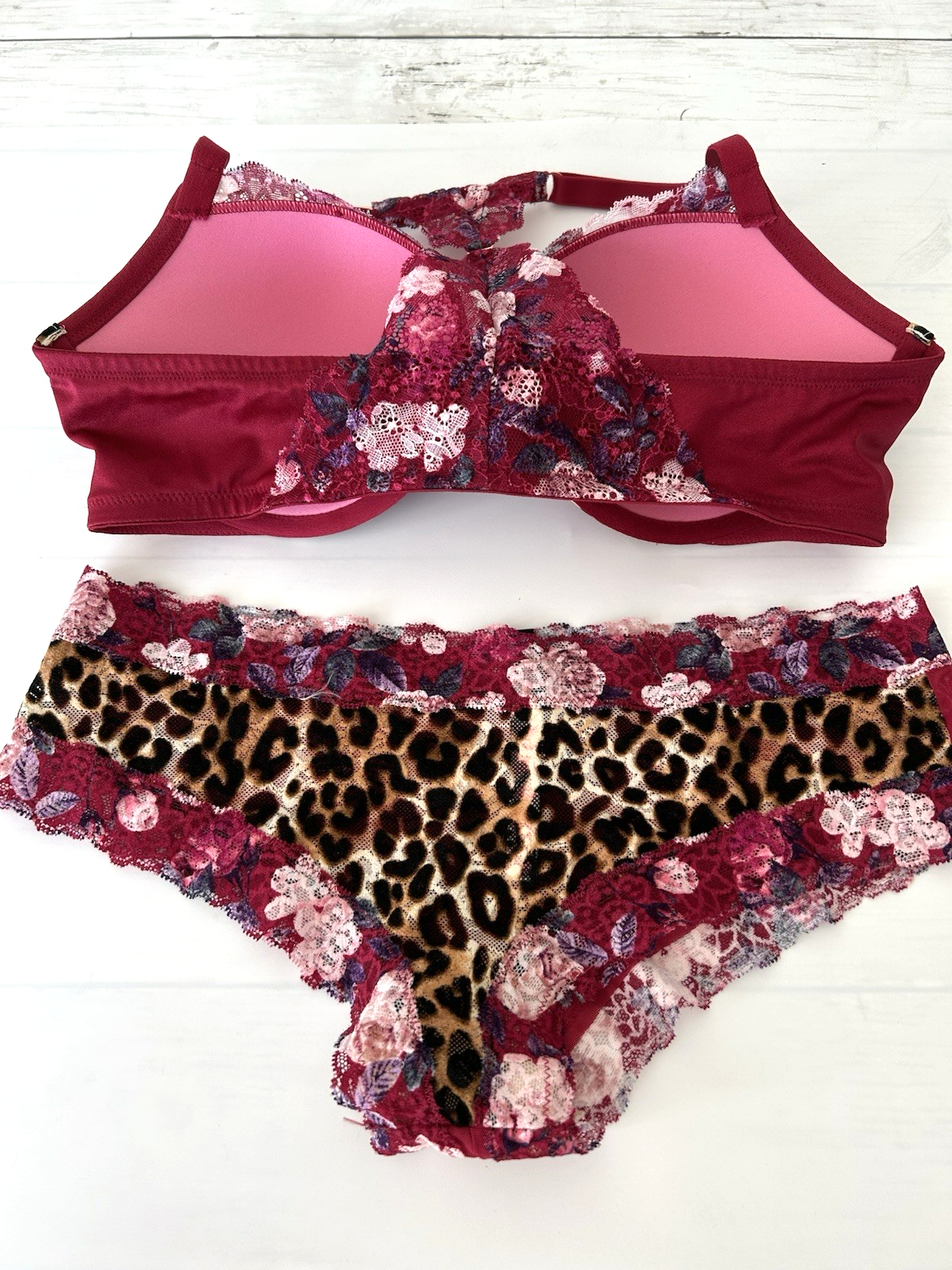 Victoria's Secret PINK 36D Floral Cheetah Racerback Date Push-up Bra & Panty LG Item image 2