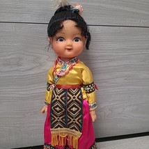 Asian Chinese Girl Doll Black Hair 13&quot; Vintage Yellow Pink Komono  - $12.00