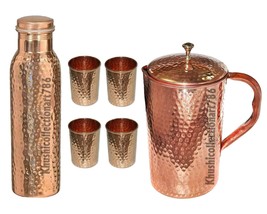Pure Copper Hammered Water Pitcher Jug Brass Knob Hammered Bottle Tumble... - £53.79 GBP