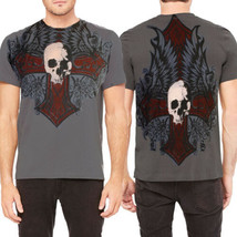 Lip Service Winged Skull Vampire Cross Mens Short Sleeve Button T-Shirt Grey NEW - £19.21 GBP