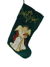 L&#39;Art Christmas Green Velvet Appliqué Angel Playing Music Stocking   - $29.65