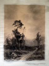 Superb c1960 Signed Charcoal Drawing Landscape Immanuel Pyritz? - $237.50