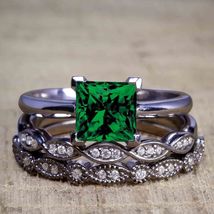 1.50Ct Princess Cut Emerald and Diamond Trio Wedding Ring Set in Black Gold Fn - £74.96 GBP