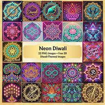 Neon Diwali Wall Art Bundle: LED Mandala, Rangoli, Diya Clipart (Digital... - $2.46 CAD