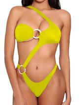 Women&#39;s Neon Yellow One-Piece Swimsuit with Cut-Out Details, Hollow Out ... - $29.35