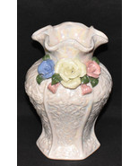 Vintage Pearl Opalescent Vase w Applied Flowers Crimped Lip 6.5&quot; Flower ... - £7.83 GBP