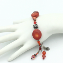 ARTISAN red coral glass bead &amp; sterling silver bracelet - 925 charm dangle 8.25&quot; - £22.35 GBP