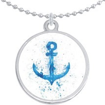 Watercolor Blue Anchor Round Pendant Necklace Beautiful Fashion Jewelry - £8.66 GBP