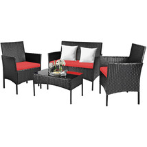 4Pcs Patio Rattan Furniture Set Cushioned Sofa Coffee Table Backyard Porch Red - £238.99 GBP