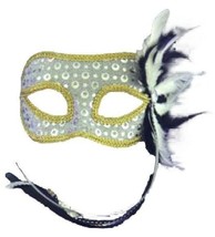 Silver Venetian Style Mardi Gras Masquerade Mask w/RIBBONS,FEATHERS &amp; Rhinestone - £11.77 GBP