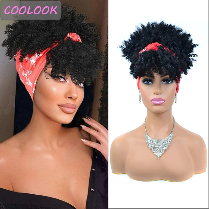 Puff Curly Headband Wigs Short Afro Kinky Curly Headband Wig Synthetic He - £14.19 GBP+