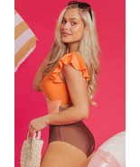 Orange Ruffle Sleeve Tricolor Cutout Front Ring One Piece Swimsuit - $16.42