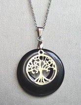 Natural Black Agate Tree of Life Pendant Necklace Stainless Steel 20 Inches - £12.54 GBP