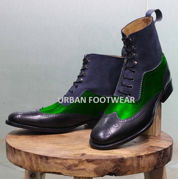 New Handmade Men's Green & Black Leather & Blue Suede High Ankle Lace Up Boots