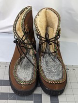 Embroidered Moccasin Boots Womens Sz 10 Brown Faux Shearling Lined USA - $59.95