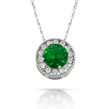 1.90Ct White Sapphire & Emerald Round Halo Charm Pendant 14K W Gold  w/ Chain - $34.64