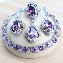 Purple 925 Silver Jewelry Sets For Women Bridal  Fine Costume Jewelry Wedding CZ - £29.01 GBP