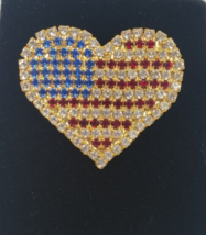 Vintage Heart Shaped Flag Brooch Pin Red White Blue Rhinestones - £31.04 GBP