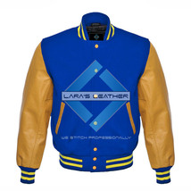 Top College Baseball Varsity Royal Wool Jacket &amp;Gold Real Leather Sleeves XS-4XL - £57.41 GBP