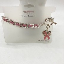 New Icon Breast Cancer Awareness Toggle Bracelet Silver Tone Dangle Heart Charm - $7.91