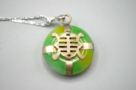 Green Jade Ring Turtle Pendant Sterling Silver Necklace Chain 925 23.5g - £38.57 GBP